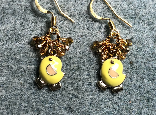 Small yellow enamel chick charm earrings adorned with tiny dangling yellow, topaz, and gold Chinese crystal beads.