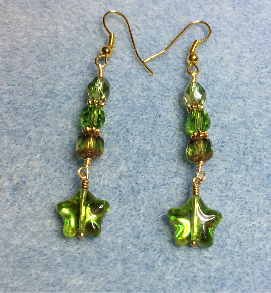Small metallic olive green Czech glass star bead earrings adorned with olive green Czech glass beads.