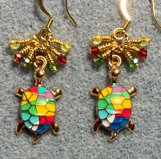 Green, red, yellow, blue, and pink enamel turtle charm earrings adorned with tiny dangling green, red, and yellow Chinese crystal beads.