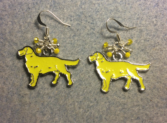 Yellow enamel Golden Retriever charm earrings adorned with tiny dangling yellow and silver Chinese crystal beads.