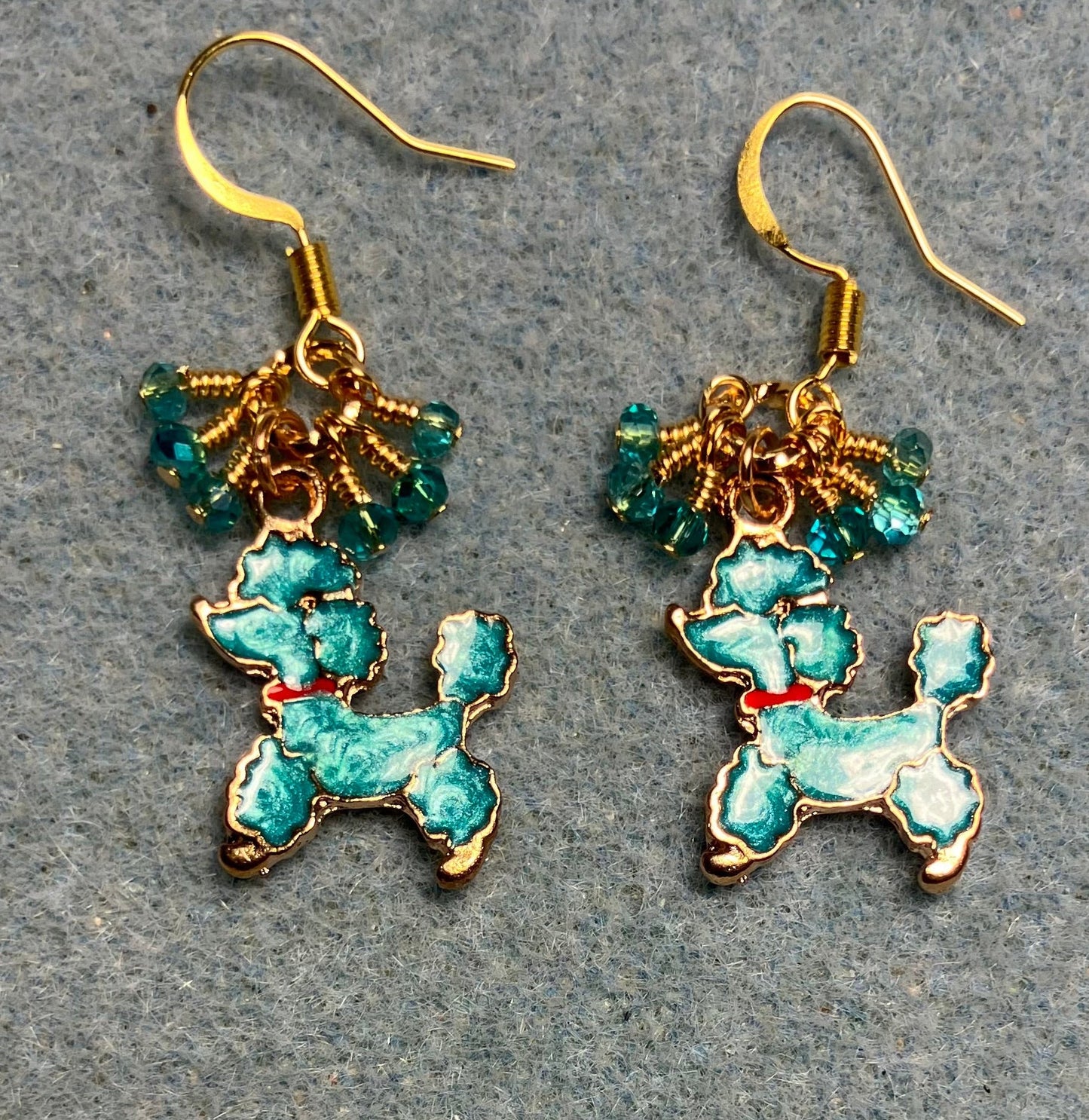 Turquoise and red enamel poodle charm earrings adorned with tiny dangling turquoise Chinese crystal beads.