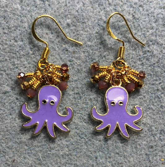 Violet and gold enamel octopus charm earrings adorned with tiny dangling violet and gold Chinese crystal beads.