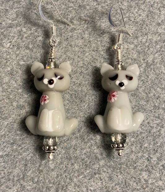 Gray lamp work cat bead earrings adorned with clear Czech glass beads.