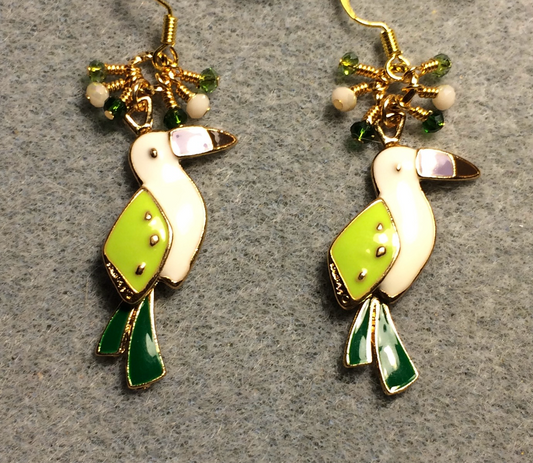 Dark green, olive green, and white enamel toucan charm earrings adorned with tiny dangling dark green, olive green, and white Chinese crystal beads.