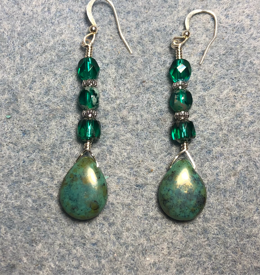 Teal Picasso Czech glass pear drop bead earrings adorned with teal Czech glass beads.