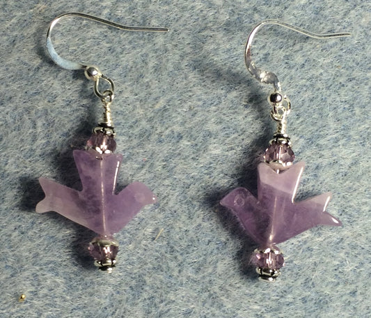 Purple amethyst gemstone flying dove bead earrings adorned with purple Chinese crystal beads.