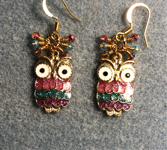 Purple, aqua, and rose pink enamel glittery owl charm earrings adorned with tiny dangling purple, aqua, and rose pink Chinese crystal beads.