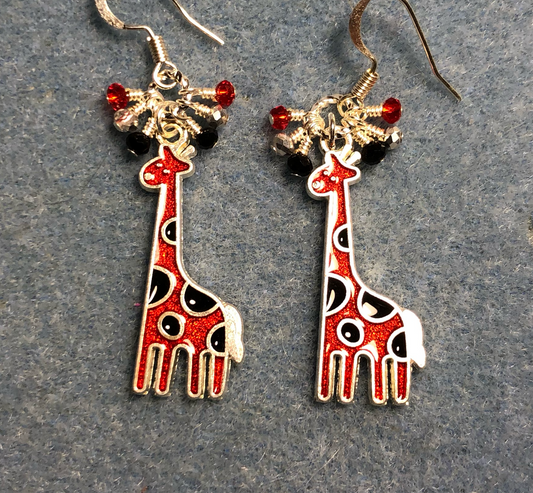 Red and black enamel spotted giraffe charm earrings adorned with tiny dangling red, clear, and black Chinese crystal beads.