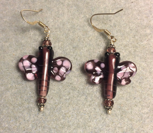 Dark and light violet lamp work dragonfly bead earrings adorned with violet Chinese crystal beads.
