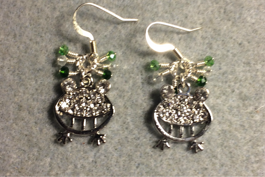 Silver and clear rhinestone silly frog charm earrings adorned with tiny dangling green and clear Chinese crystal beads.