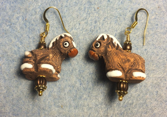 Brown and white ceramic horse bead earrings adorned with brown Czech glass beads.