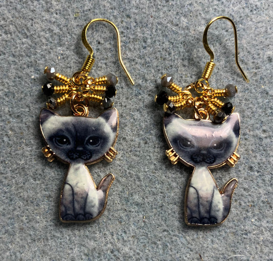 Gray and black enamel cat charm earrings adorned with tiny dangling gray and black Chinese crystal beads.