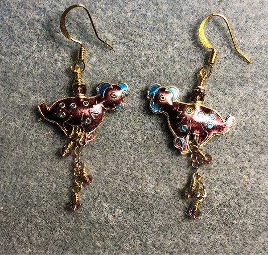 Violet and white vintage cloisonné dog bead earrings adorned with gold chain and tiny violet Chinese crystal beads.