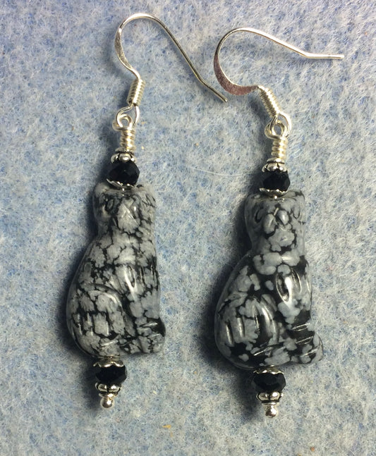 Snowflake obsidian gemstone cat bead earrings adorned with black Chinese crystal beads.