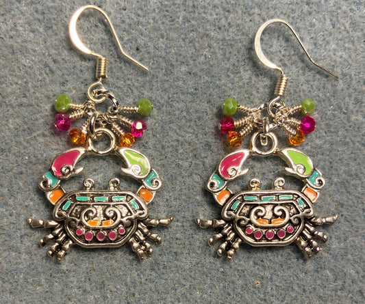 Orange, pink, and green enamel crab charm earrings adorned with tiny dangling orange, pink, and green Chinese crystal beads.