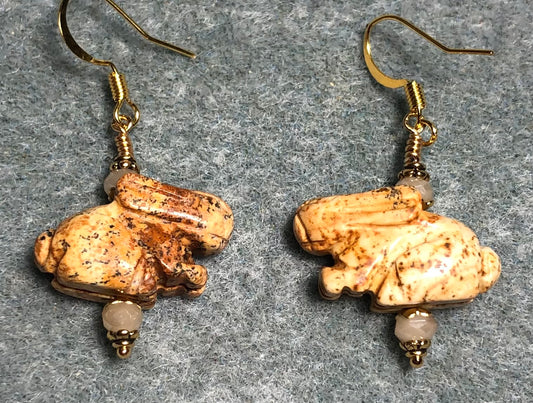 Tan picture jasper gemstone rabbit bead earrings adorned with tan Chinese crystal beads.