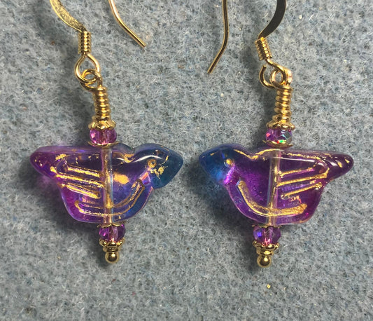 Translucent purple and turquoise (with gold wash) Czech glass bird bead earrings adorned with purple Chinese crystal beads.