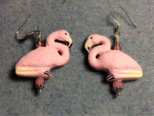 Large pink ceramic flamingo bead earrings adorned with pink Czech glass beads.