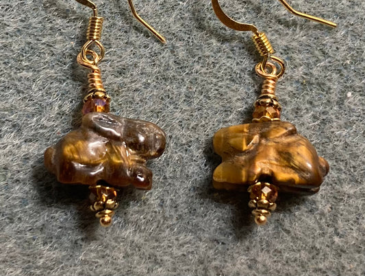 Small brown tigereye gemstone rabbit bead earrings adorned with brown Chinese crystal beads.