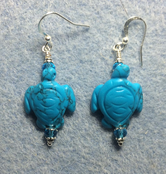 Turquoise howlite gemstone sea turtle bead earrings adorned with turquoise Chinese crystal beads.