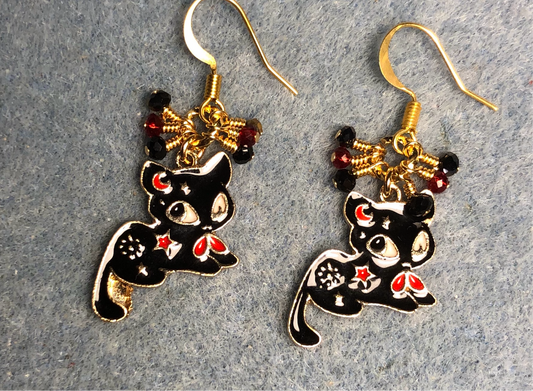 Black and red enamel cat charm earrings adorned with tiny dangling black, gold, and red Chinese crystal beads.