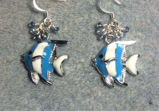 Light blue and white enamel striped angelfish charm earrings adorned with tiny dangling light blue Chinese crystal beads.