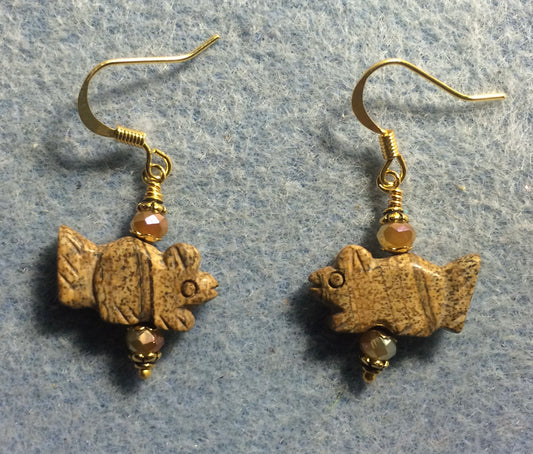 Picture jasper gemstone squirrel bead earrings adorned with tan Chinese crystal beads.