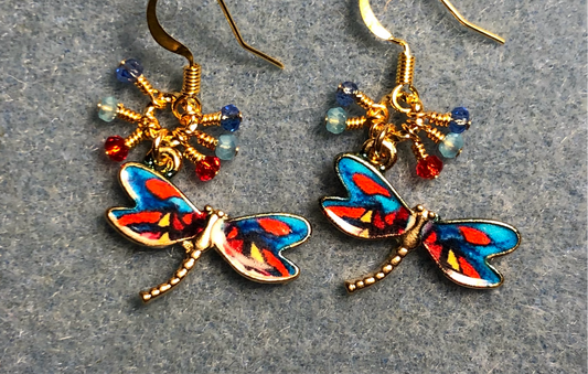 Turquoise, red, and blue enamel dragonfly charm earrings adorned with tiny dangling turquoise, red, and blue Chinese crystal beads.