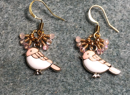 Small pink and white enamel songbird charm earrings adorned with tiny dangling pink and peach Chinese crystal beads.