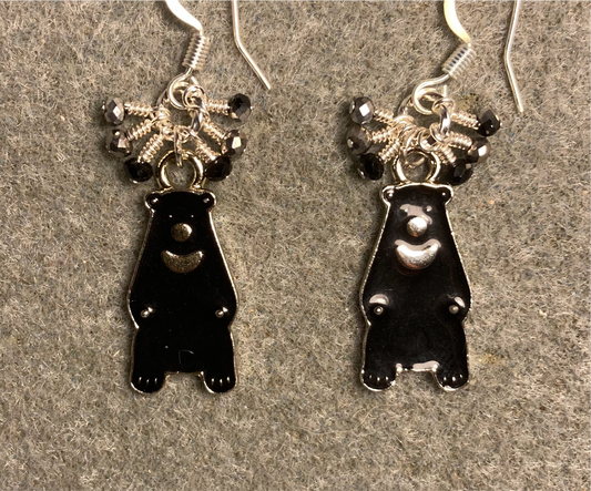 Black and silver enamel black bear charm earrings adorned with tiny dangling black and silver Chinese crystal beads.