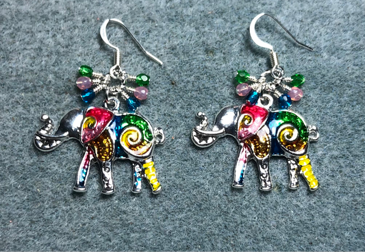 Turquoise, rose, and green enamel elephant charm earrings adorned with small dangling turquoise, rose, and green Czech glass beads.