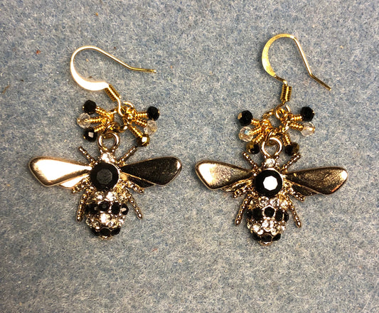 Black and gold rhinestone honeybee charm earrings adorned with tiny dangling black, clear, and gold Chinese crystal beads.