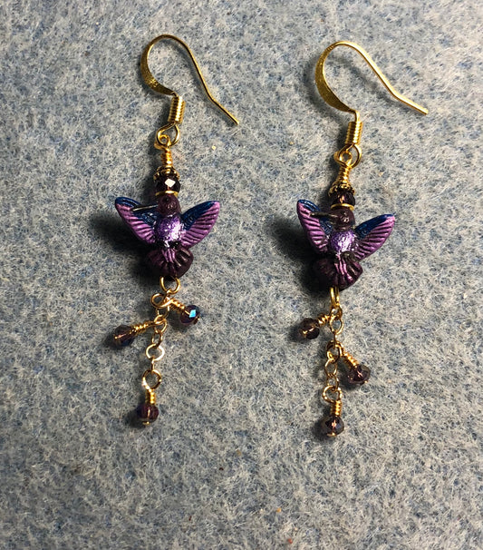Small purple hummingbird bead earrings adorned with gold chain and tiny purple Chinese crystal beads.