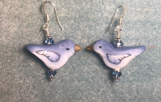 Light blue polymer clay bird bead earrings adorned with light blue Chinese crystal beads.