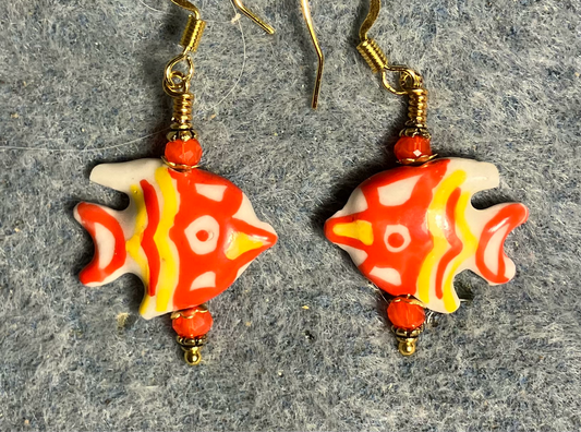 Orange and yellow ceramic angelfish bead earrings adorned with orange Chinese crystal beads.