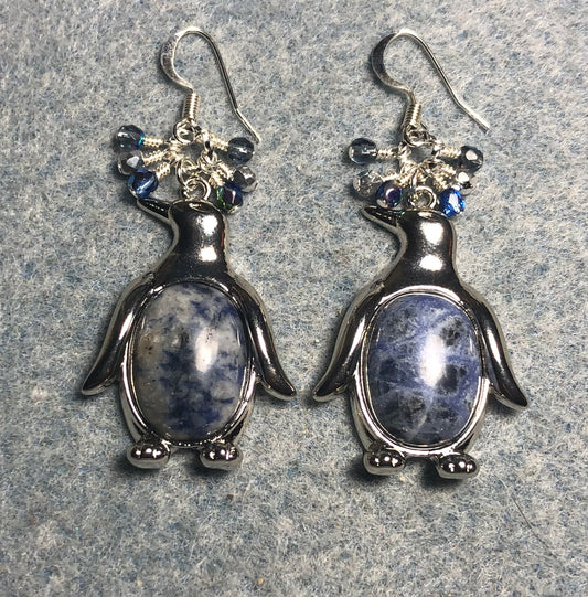 Large silver and blue sodalite gemstone penguin charm earrings adorned with small dangling blue and silver Czech glass beads.