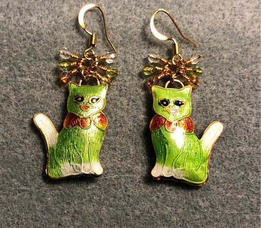 Lime green, orange, and white cloisonné cat charm earrings adorned with small dangling lime green, orange, and clear Czech glass beads.
