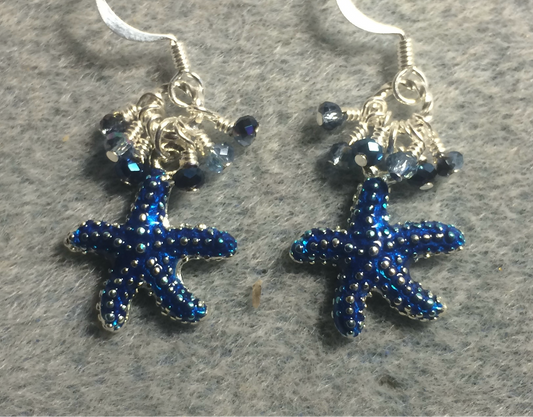 Dark blue enamel starfish charm earrings adorned with tiny dangling dark blue and light blue Chinese crystal beads.