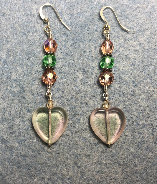 Light pink and green Czech glass heart bead earrings adorned with light pink and light green Czech glass beads.