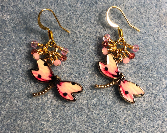 Pink and black enamel spotted dragonfly charm earrings adorned with tiny dangling pink and rose Chinese crystal beads.