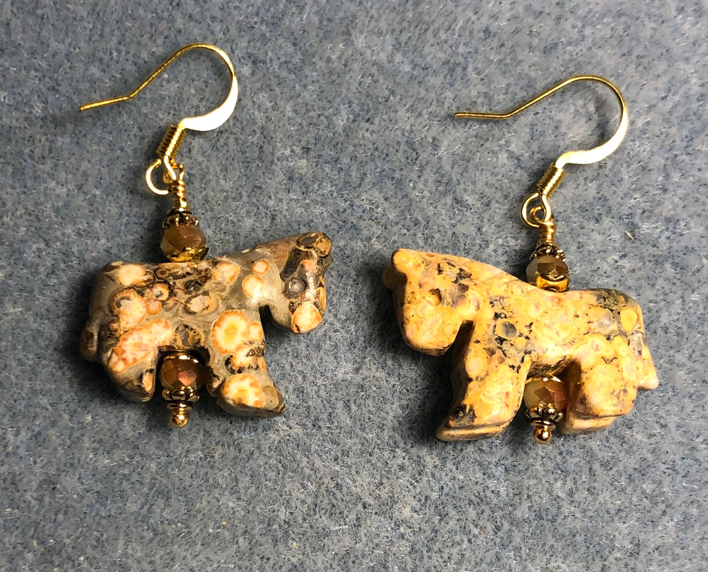 Picture jasper gemstone horse bead earrings adorned with tan Chinese crystal beads.