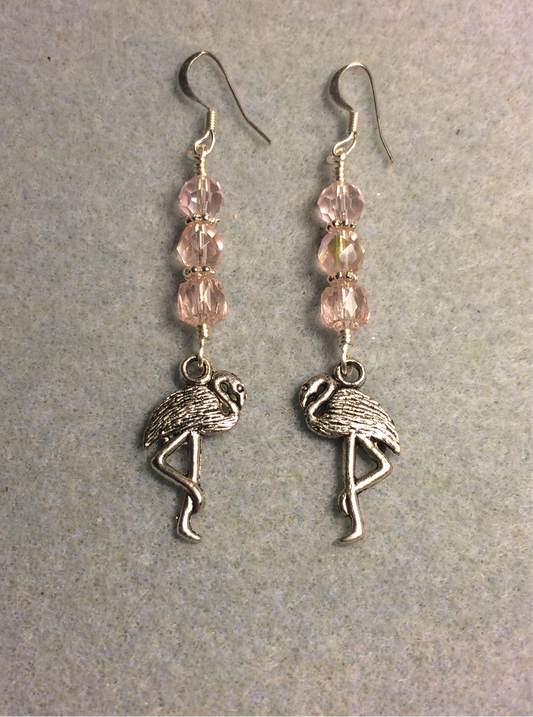 Silver flamingo charm earrings adorned with light pink Czech glass beads