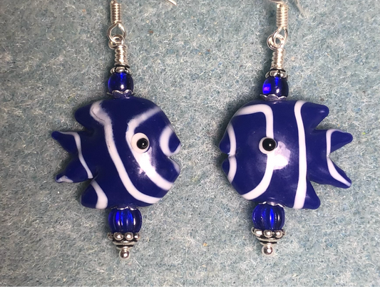 Dark blue and white pink lamp work striped angelfish bead earrings adorned with dark blue Czech glass beads.