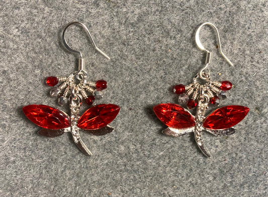 Red and silver rhinestone dragonfly charm earrings adorned with small dangling red and silver Czech glass beads.