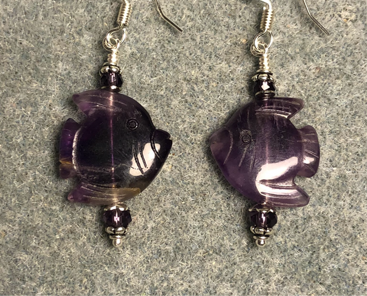 Genuine amethyst gemstone angelfish bead earrings adorned with purple Chinese crystal beads.