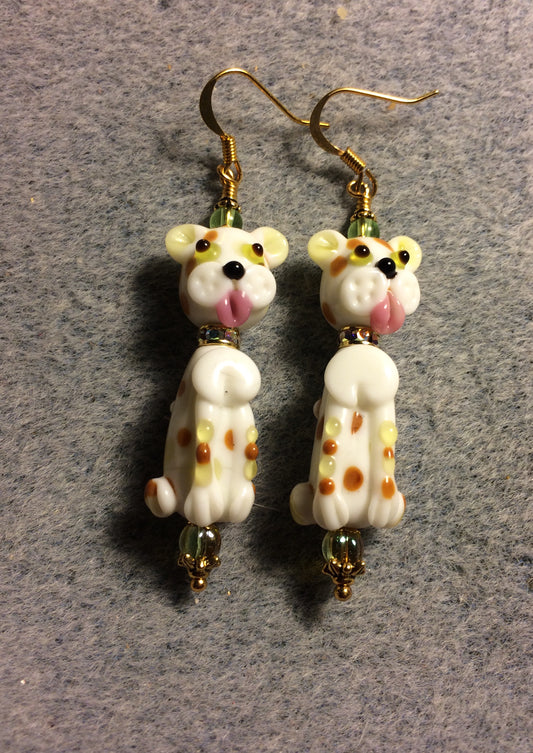 White, lime green, and tan lamp work puppy dog bead earrings adorned with clear rhinestone rondelle “collars” and lime green Czech glass beads.
