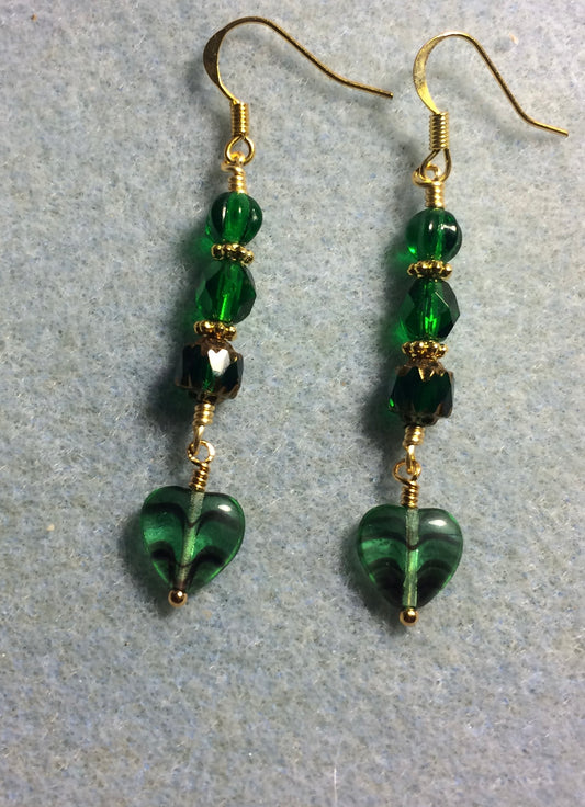 Small emerald green striped Czech glass heart bead earrings adorned with emerald green Czech glass beads.