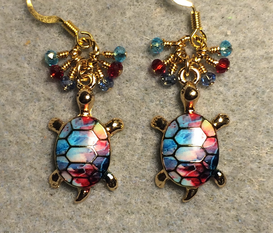 Turquoise, dark red, and blue enamel turtle charm earrings adorned with tiny dangling turquoise, dark red, and blue Chinese crystal beads.