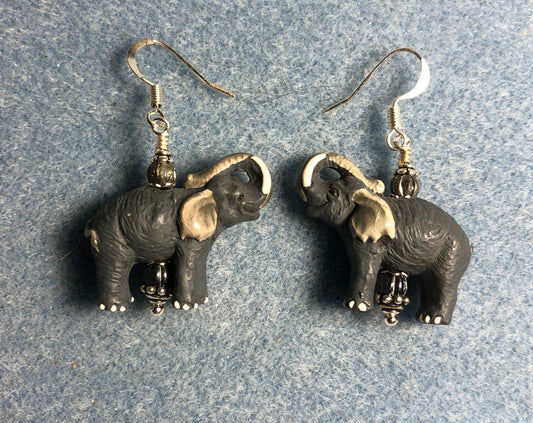 Large dark gray ceramic elephant bead earrings adorned with dark gray Czech glass beads.