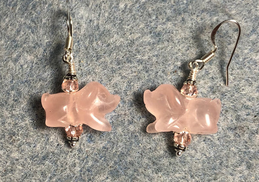 Small pink rose quartz gemstone pig bead earrings adorned with pink Chinese crystal beads.